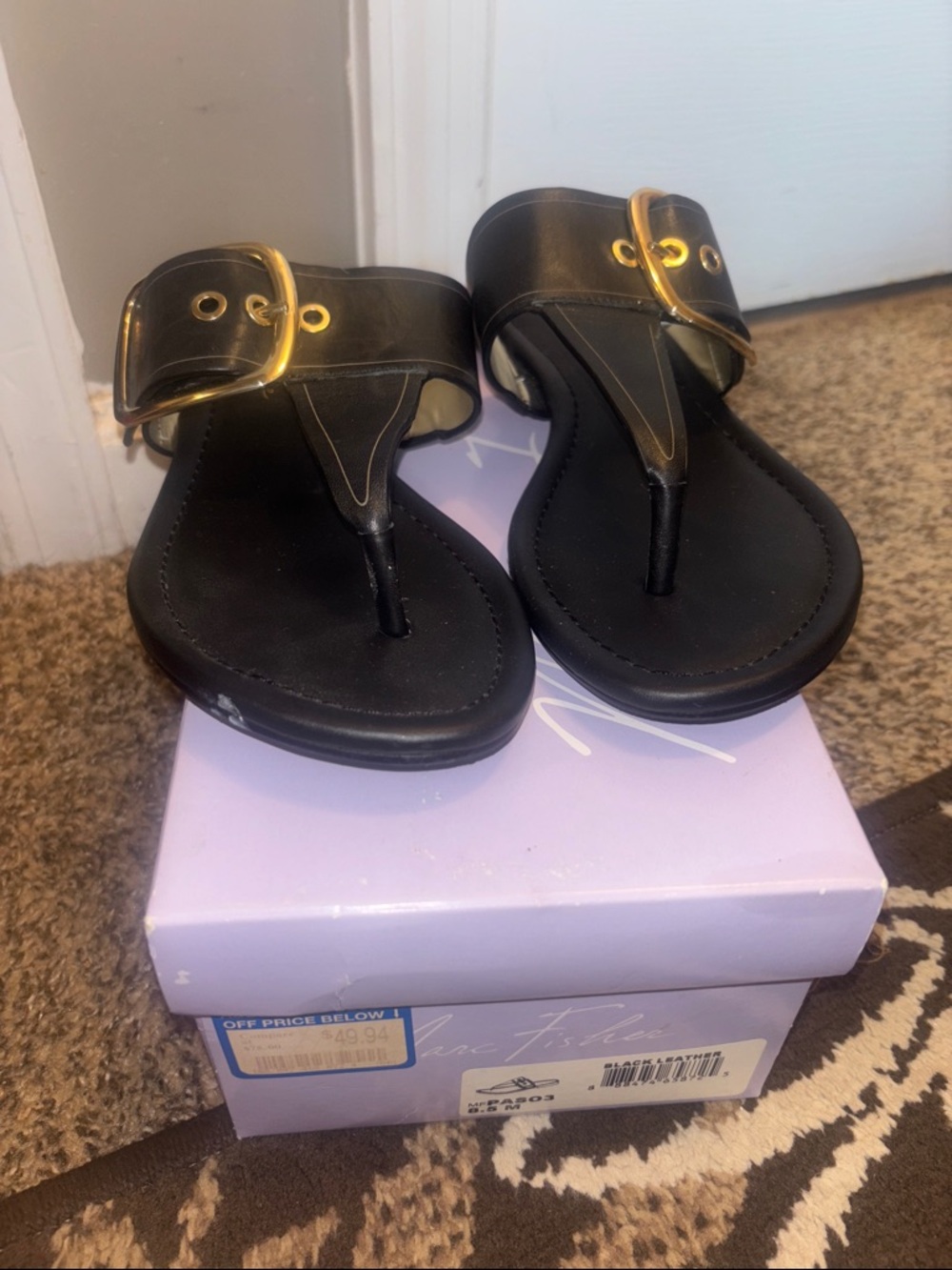 Ford Black Sandal Thong with Gold Buckle